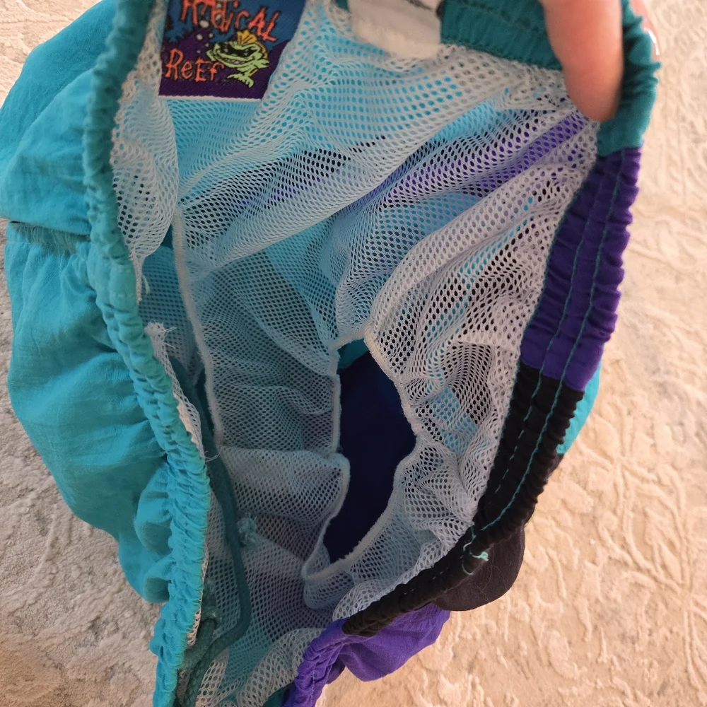 Vintage 1990s Radical Reef Teal and Purple Volleyball Swim Trunks